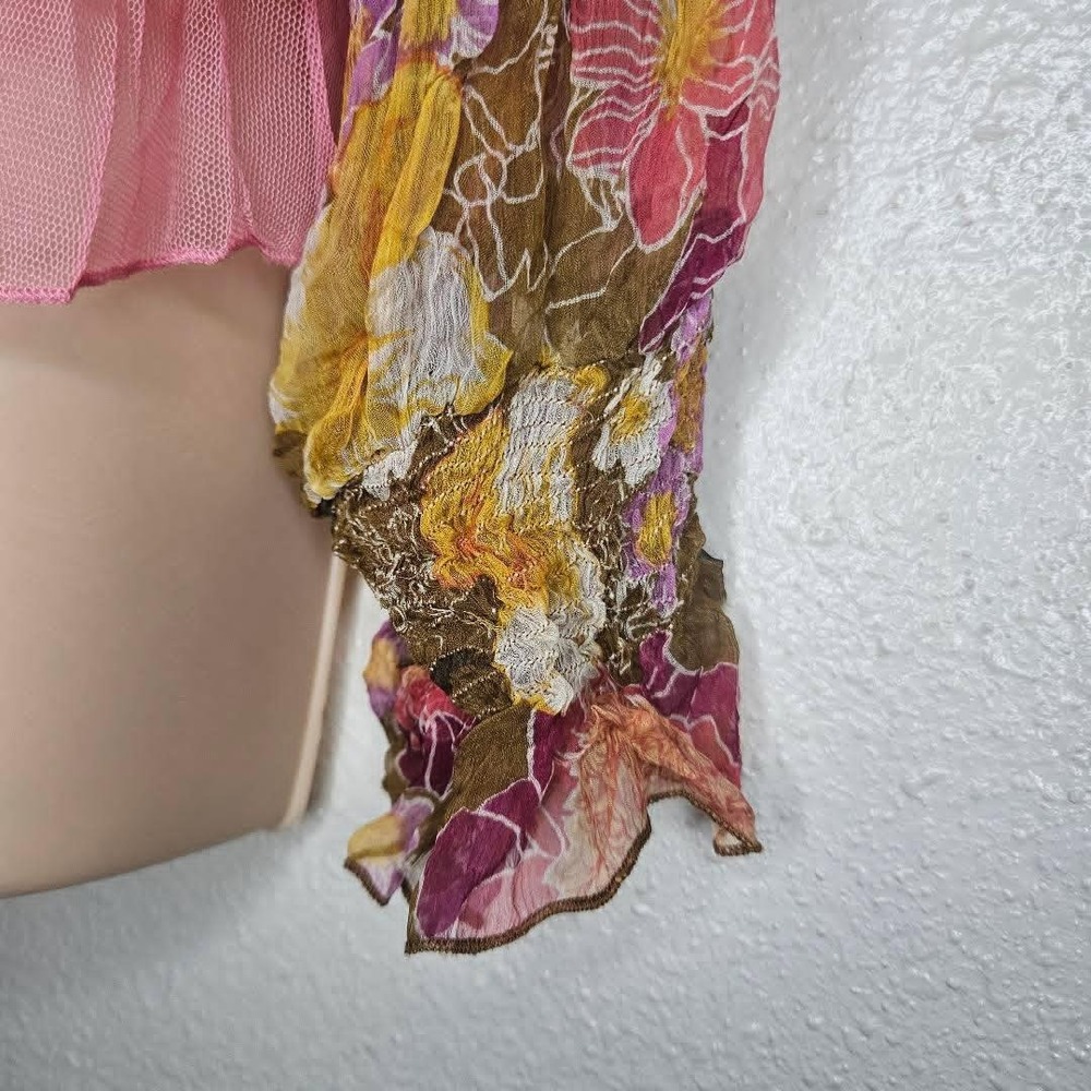 Méchant Silk Floral Chiffon Blouse Sheer Boho Layered Mesh Waist Tie Top - Picture 6 of 8
